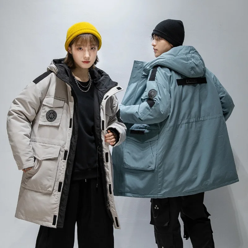 Nuovo arrivo stile coreano uomo lungo piumino d'anatra bianco uomo inverno caldo con cappuccio multi tasche tuta sportiva ispessita JK-066