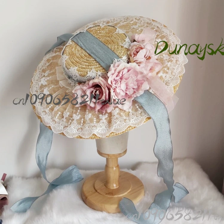 

#@$Pastel Cottagecore Lolita Straw Hat Floral French Bonnet Wide Brim Silk Ribbons Elegant Sun Hat Fairy Kei/cos Halloween