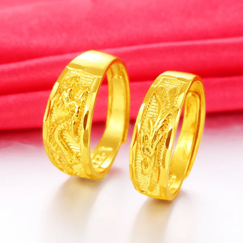 

24K Gold Color Opening Rings for Couple Wedding Engagement Dragon Phoenix Pure Gold Ring Bands Couple Jewelry Gift 2021 Trend