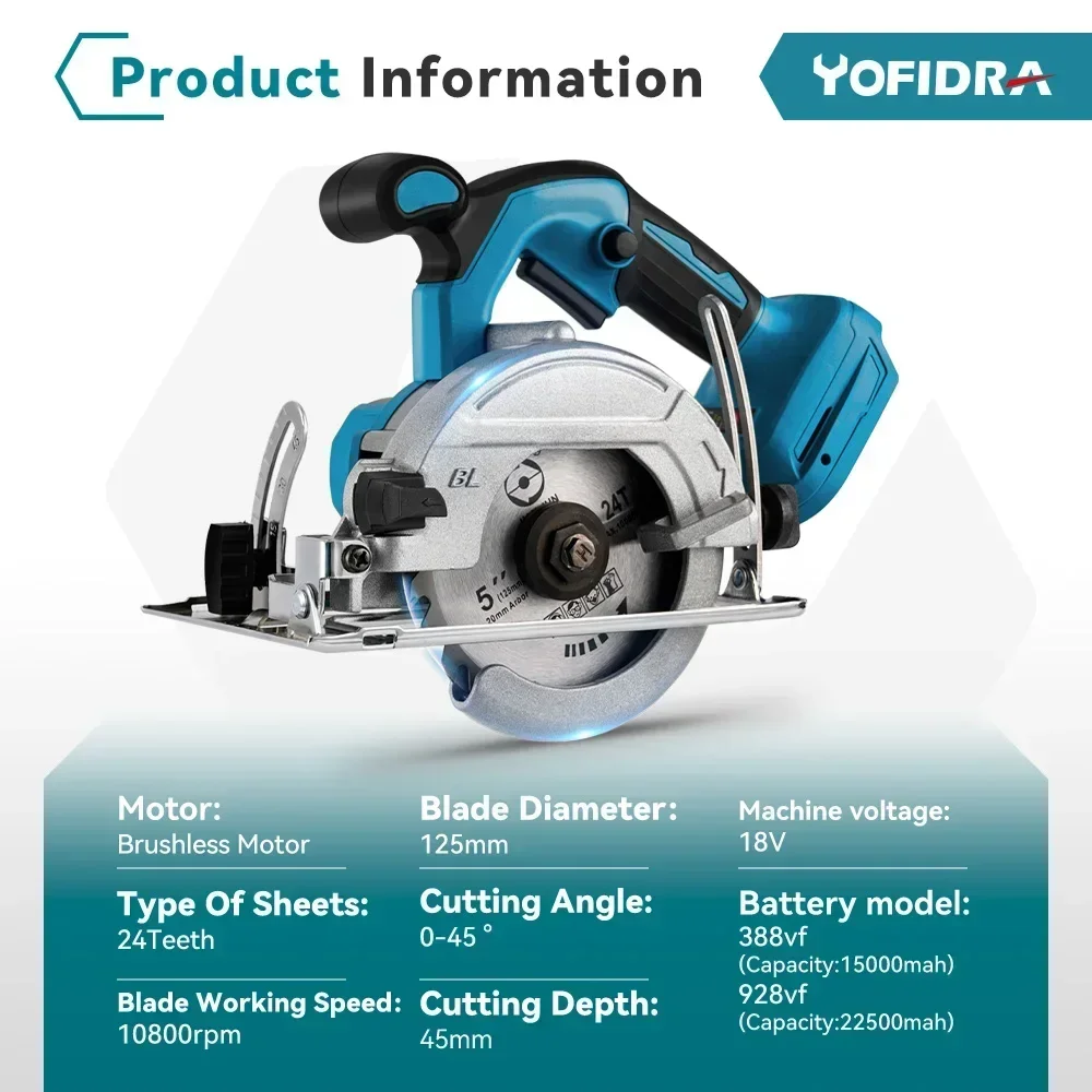 Yofidra 5 Inch Brushless Circular Saw 125mm Cordless Electric Saw Angle Adjustable Wood Cuttiing Machine For Makita 18V Battery