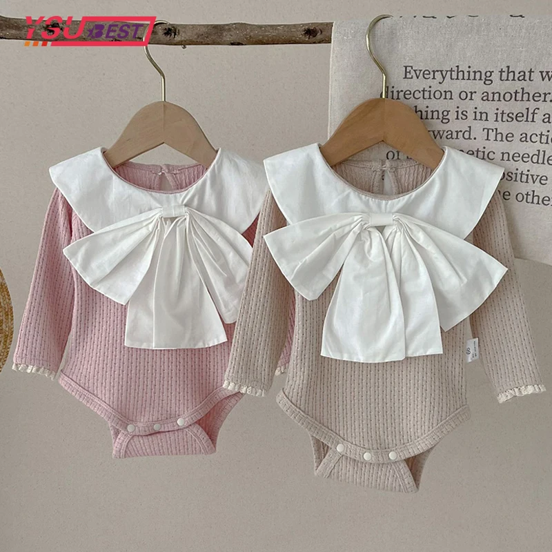 

0-24M Newborn Baby Girls Romper Spring Fall Big Bow Princess Infant Cotton Ruffle Jumpsuit Soft Long Sleeve Solid Color Clothing