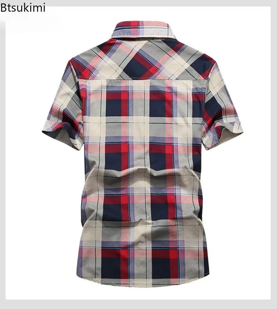Men's Plaid Short Sleeve Shirt Summer Youth Loose Fit Plus Size Casual Check Lapel Daily Wear Blouse Tops Fashion Men Clothing
