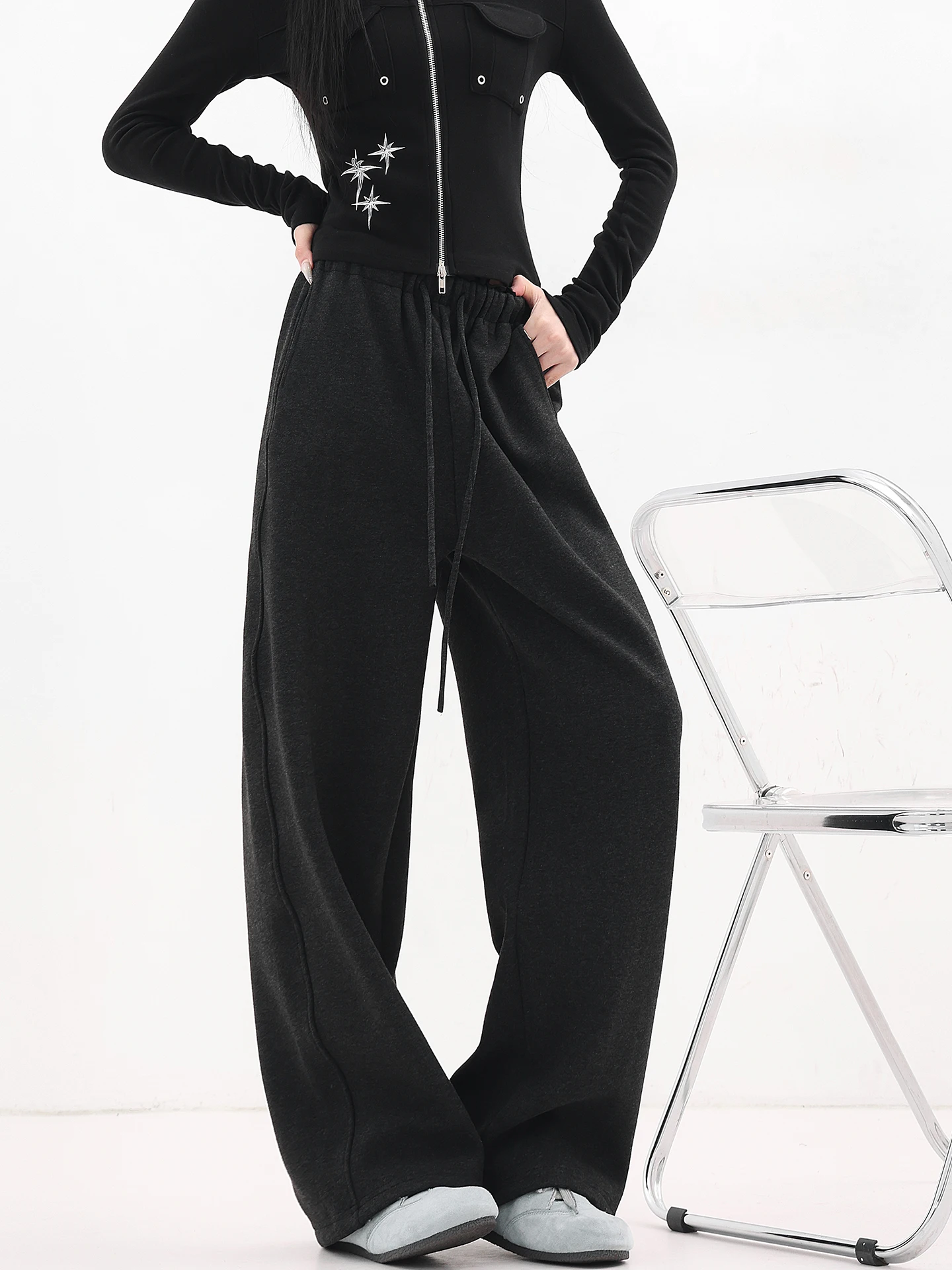 

Утепленные широкие повседневные брюки для женщин, свободные, струящиеся, в пол, теплые спортивные штаны с эластичным поясом и шнурком, прямого кроя