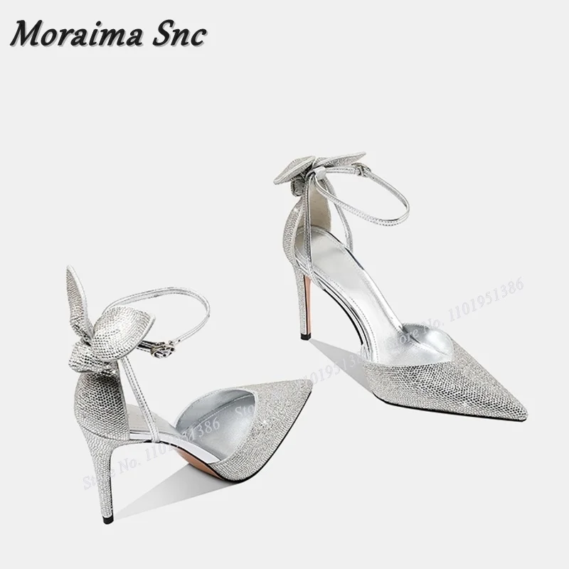 

Moraima Snc New Silver Bow Know Crystal Pumps Shoes for Women Stilettos High Heels Wedding Sandals Pointed Toe Zapatillas Mujer