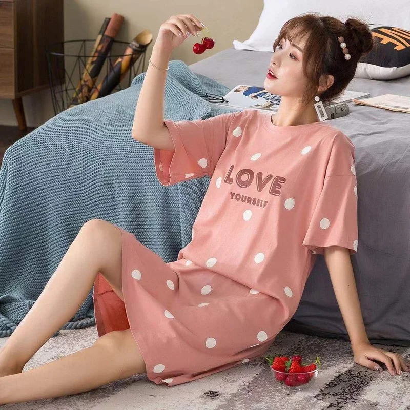 Nightgowns Women Sleepshirts Summer Casual Sleepwear Home Lounge Print Short Sleeve Nightwear Sleeping Dress Oversize M-3XL Chic