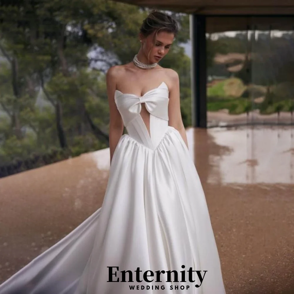 Suknia ślubna z satyny z dekoltem w łódkę, urocza suknia ślubna zapinana na zamek, elegancka suknia ślubna bez rękawów z kokardą, vestido de novia