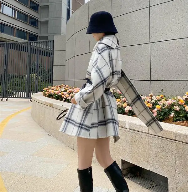 Vintage Plaid Newest Winter Both Sides Long Sleeve Winter All Match Women Casual Loose Wool Shawl Designed Coat