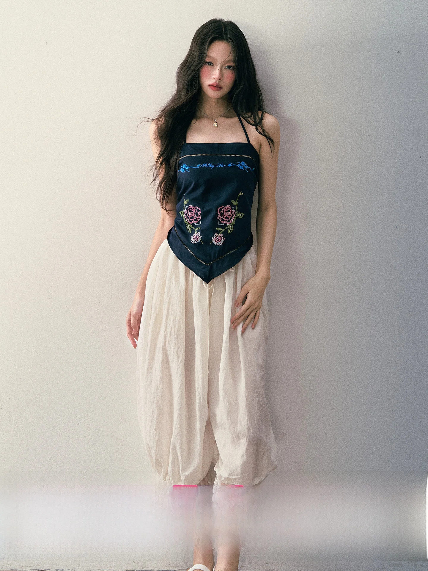 

1P STUDIO Summer Design Loose Casual High Waist Lantern Pants Women's Drawstring Lace Patchwork Wide Leg Trousers