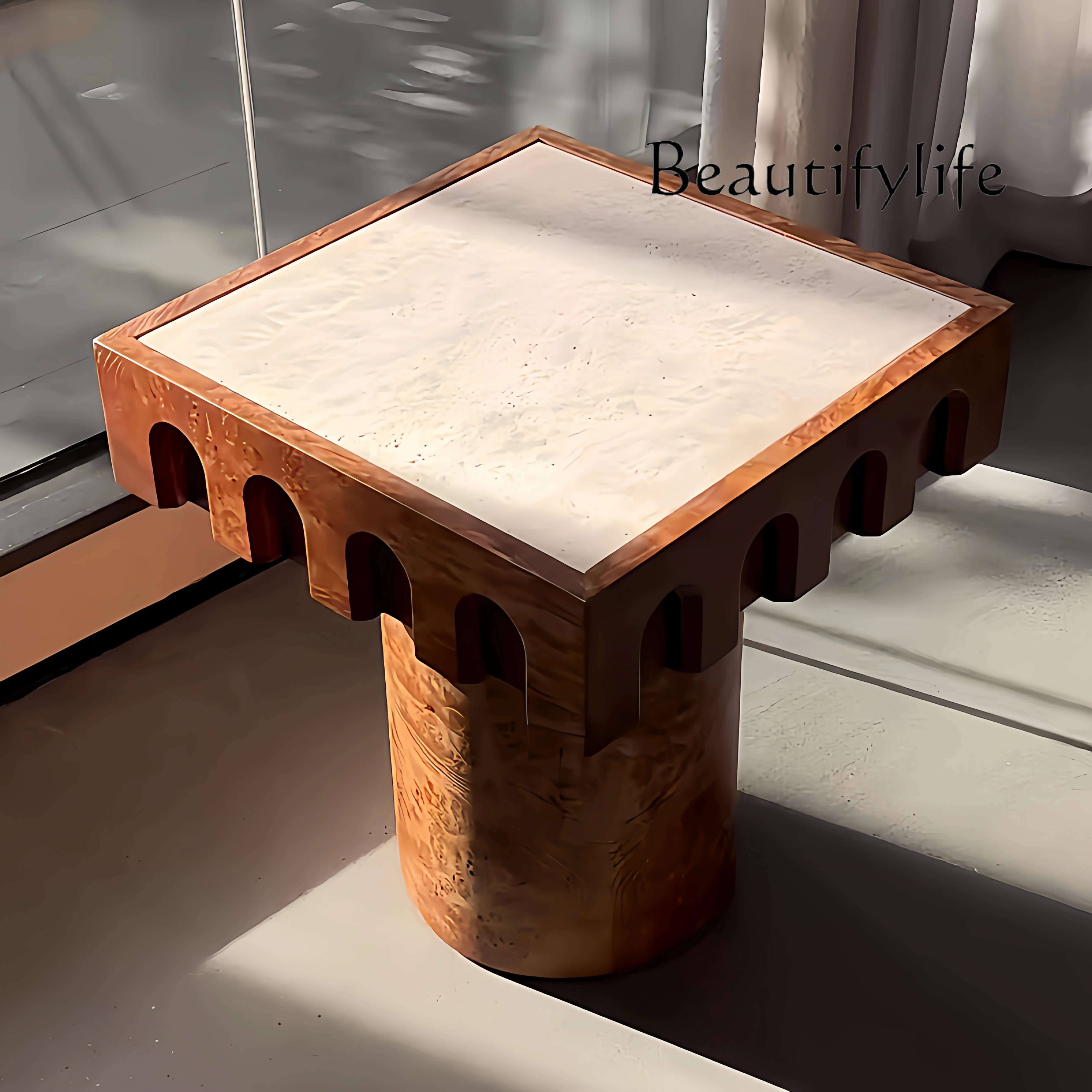 Medieval wind tree tumor solid wood coffee table living room corner light luxury retro special-shaped travertine countertop