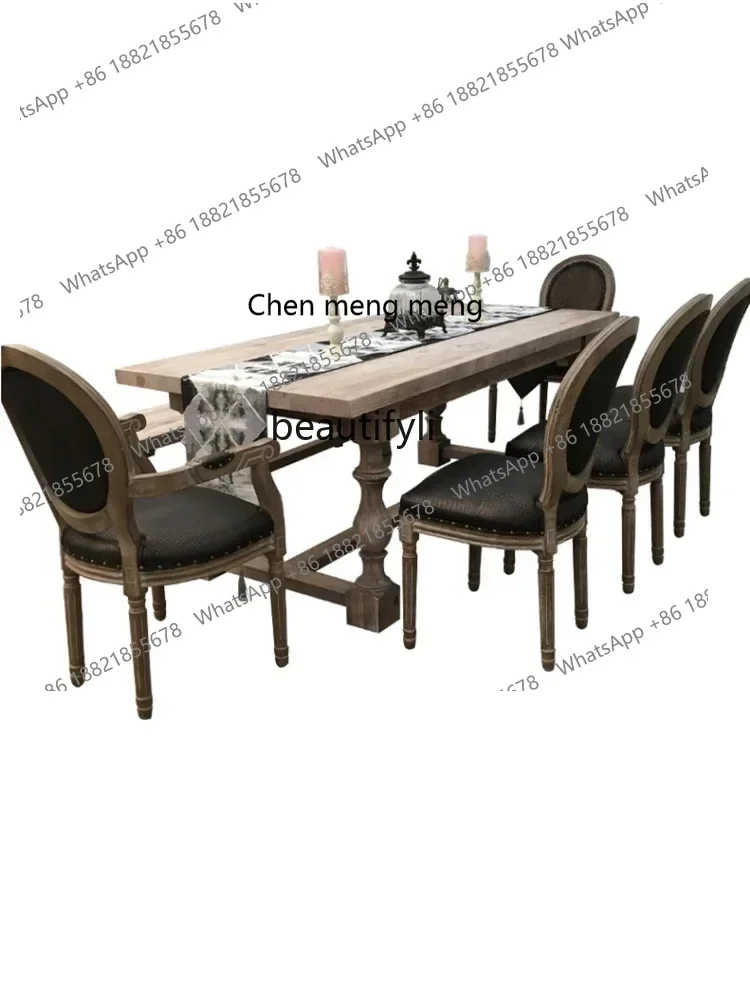 ss7486 American country old retro style solid wood rectangular household Roman column imitation old dining table New Light Luxur