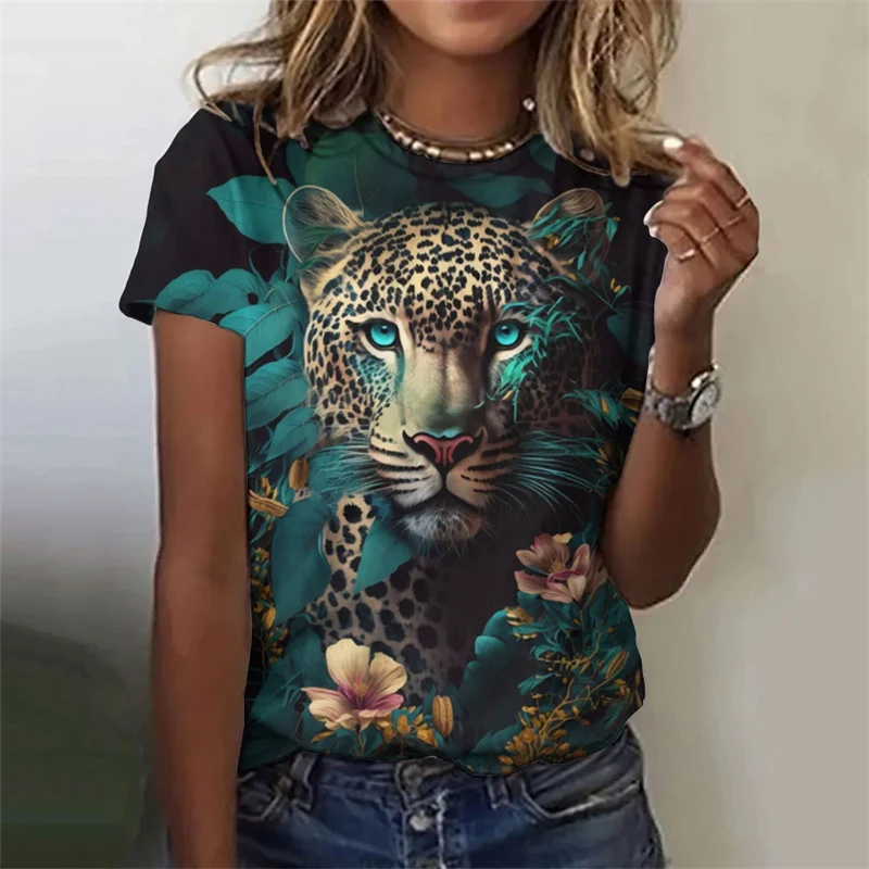 Vintage Animals Print Women\'s T Shirts Summer Fashion Short Sleeve Top Tiger Print Oversized Female Clothing Ladies Floral Tees