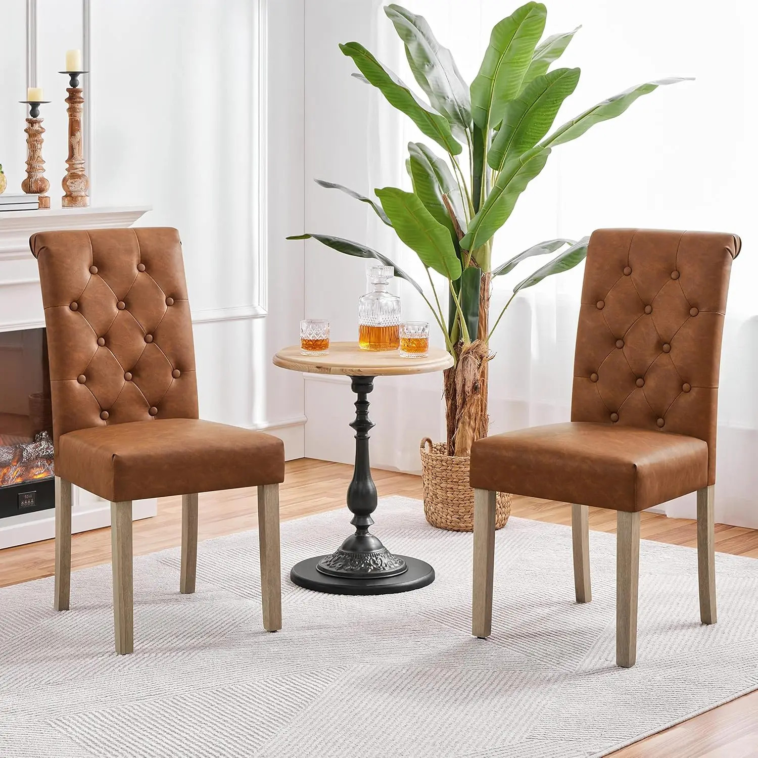 Dining Chairs Faux Leather Parsons Dining Chairs Button Tufted Chairs with Rubber Wood Legs & High Back & Padded Seat