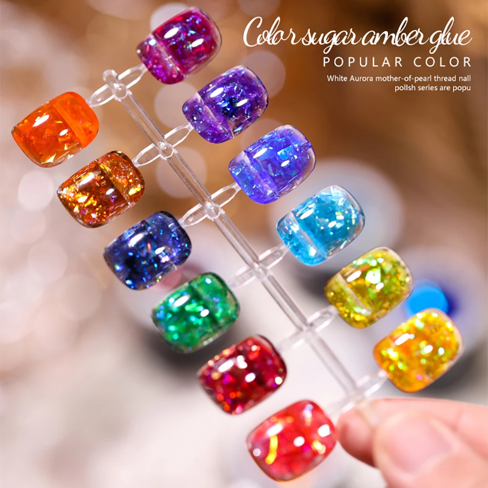 Vendeeni Esmalte de Uñas en Gel Transparente con Lentejuelas de 12 Colores, Color Caramelo, UV, Removible, Barniz en Gel, Gelatina, Ámbar, Laca para Arte de Uñas