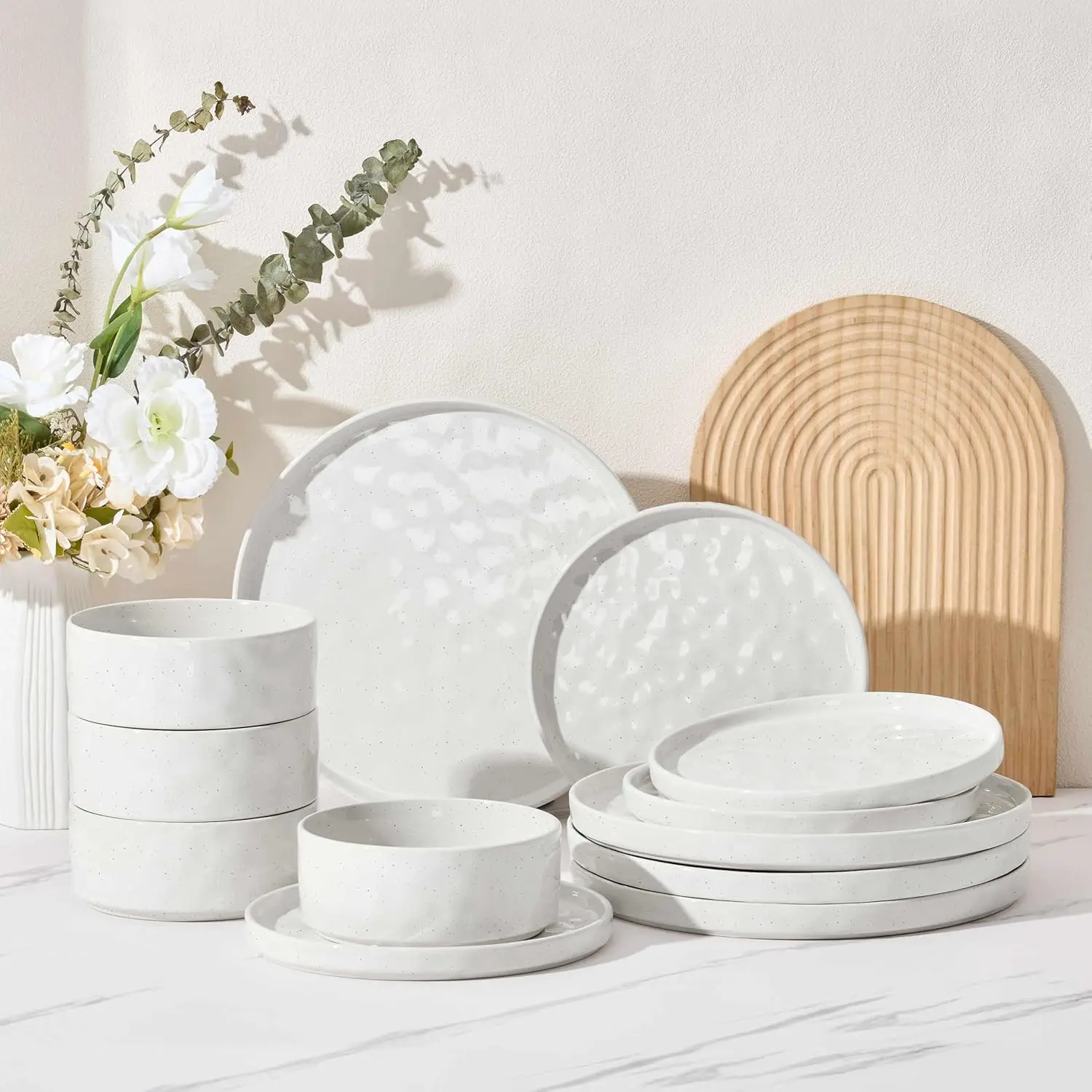 

12 Pieces Stoneware Dinnerware Sets for 4, Ceramic Plates and Bowls Sets, Dinner Dishware for Home Kitchen, Dishwasher &