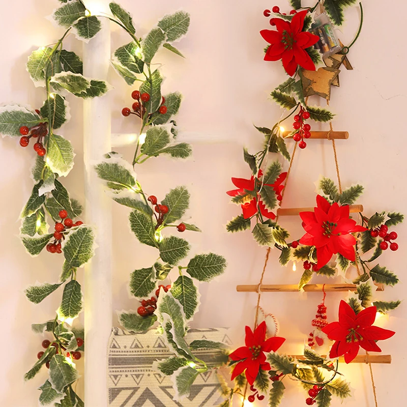 Christmas Garland Lighting Strings Artificial Red Berry Holly Leaves Ivy Vine String Lights For Xmas Tree Party Home Decoration