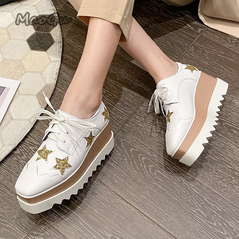 Anti Slip Thick Soled Shoes for Women Lace Up Patent Leather Star Casual Shoes Suqare Toe Elegant High Heel Pumps Size 34-40