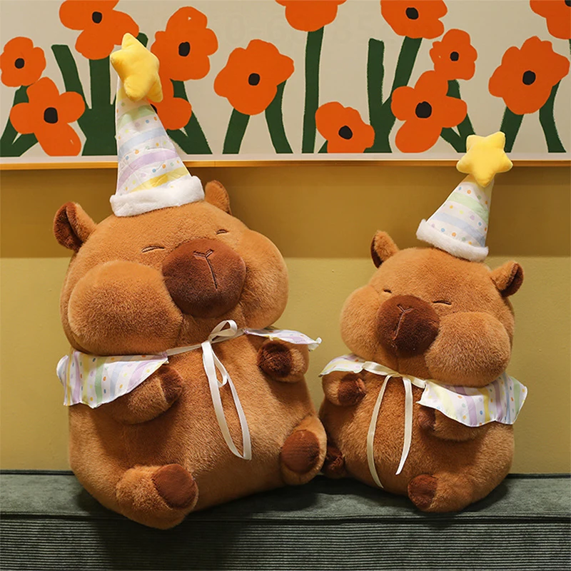 Kawaii Capybara knuffel met verjaardagshoed Leuke Squinty Eye gevulde pop Grote zachte speelgoedcadeau voor kinderen Kerstverjaardag