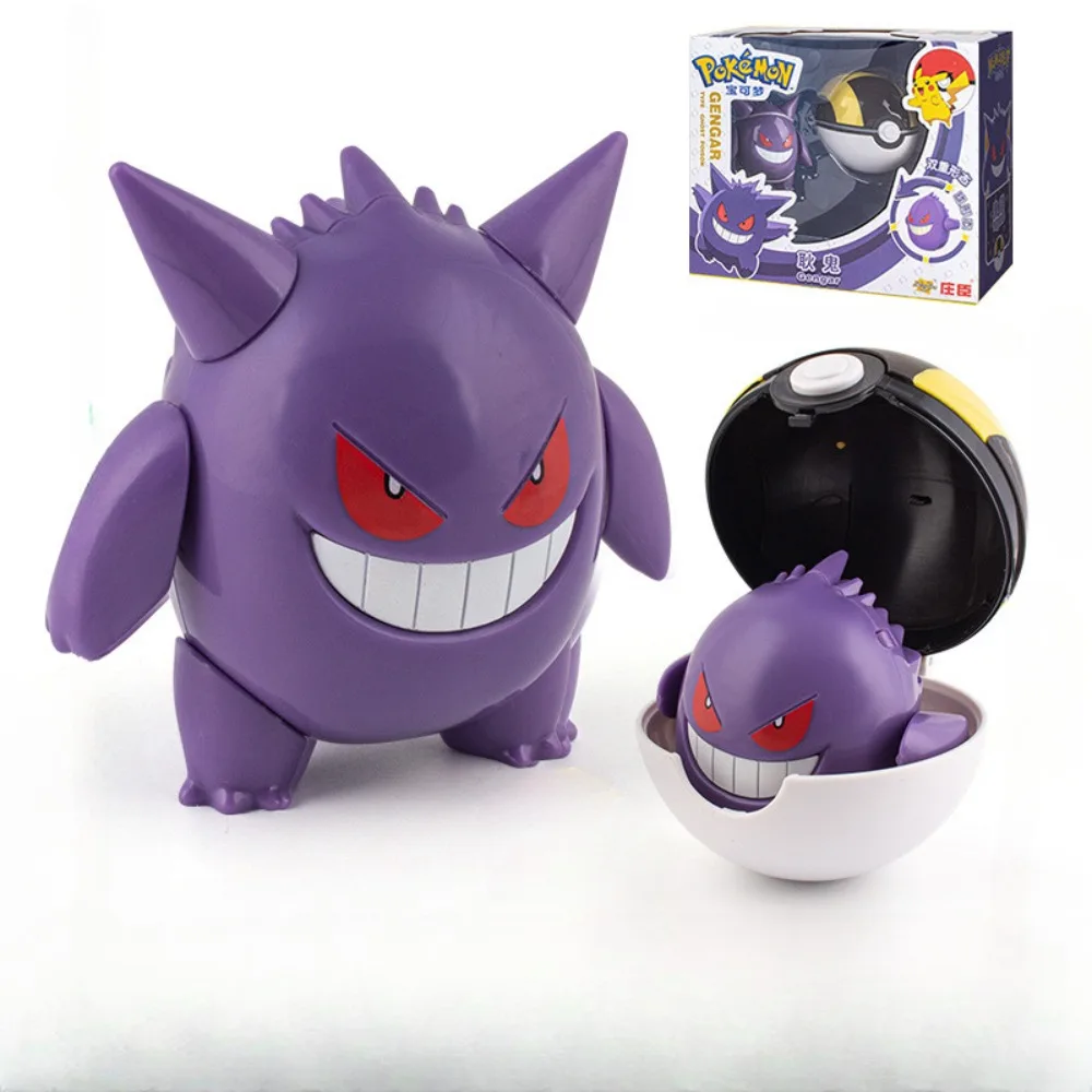 Genuine Pokemon Gengar Lapras Dragonite Pikachu Psyduck Eevee Meowth Second Generation Automatic Deformation Ball Doll Model Toy