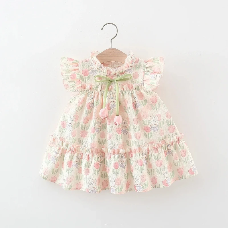 Summer  Girl Dress Tulip Cartoon  Print Small Flying Sleeves Flower Neck Bow Ribbon Tulip Flower Pattern