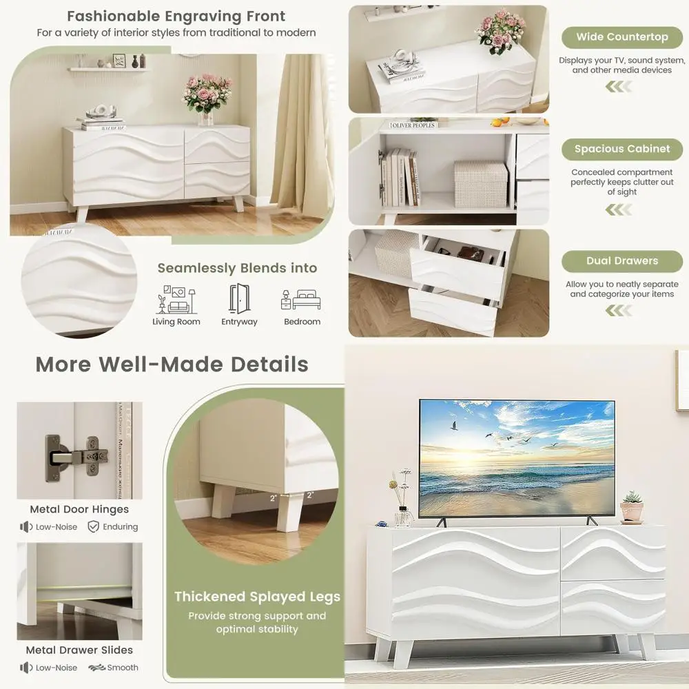 

Modern White TV Stand for 44 Screens with Storage, Drawers, and Wavy Design for Living Spaces