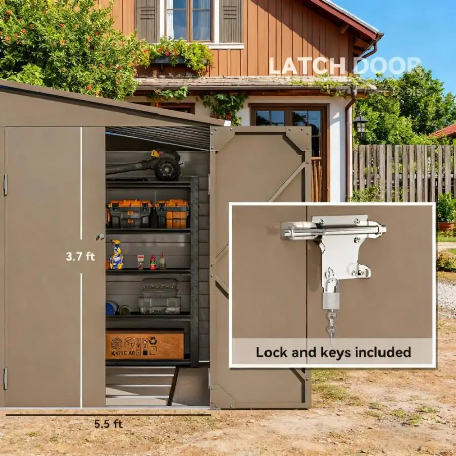Outdoor Storage Shed Brown Metal Shed with Foundation Kit, Lockable Doors and Gloves for Patio, Law For Garden, Backyard, Patio