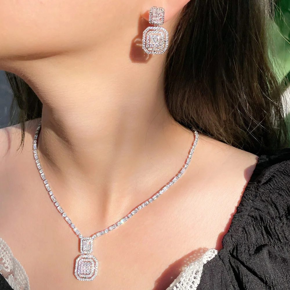 Pera Pretty Shiny White CZ Series Tassel Square Flower Pearl Pendant Necklace Earrings Jewelry Sets for Women Party Gift J276