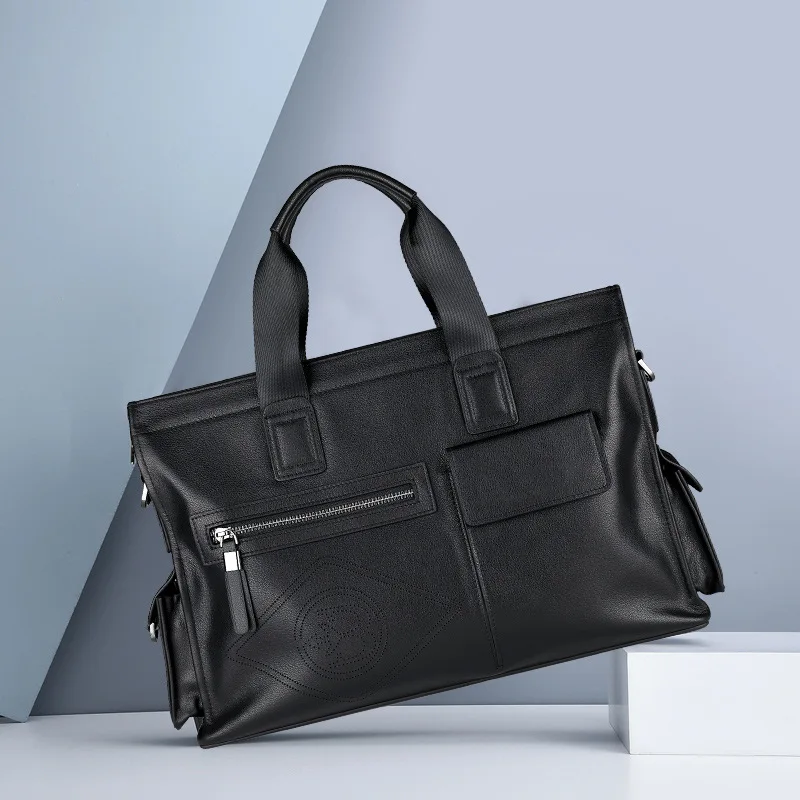 Men’s Fashion Leather Briefcase Large Capacity Business Tote Bag Trendy Handbag Genuine First Layer Cowhide