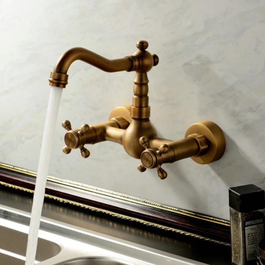 

antique Basin Kitchen Sink Mixer Tap Swivel Faucet retro Bronze Fashion Style Wall Mounted H5588