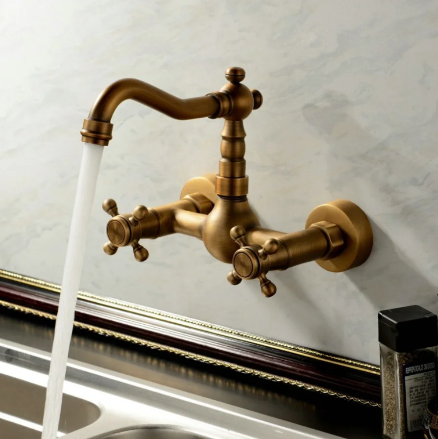 antique Basin Kitchen Sink Mixer Tap Swivel Faucet retro Bronze Fashion Style Wall Mounted H5588