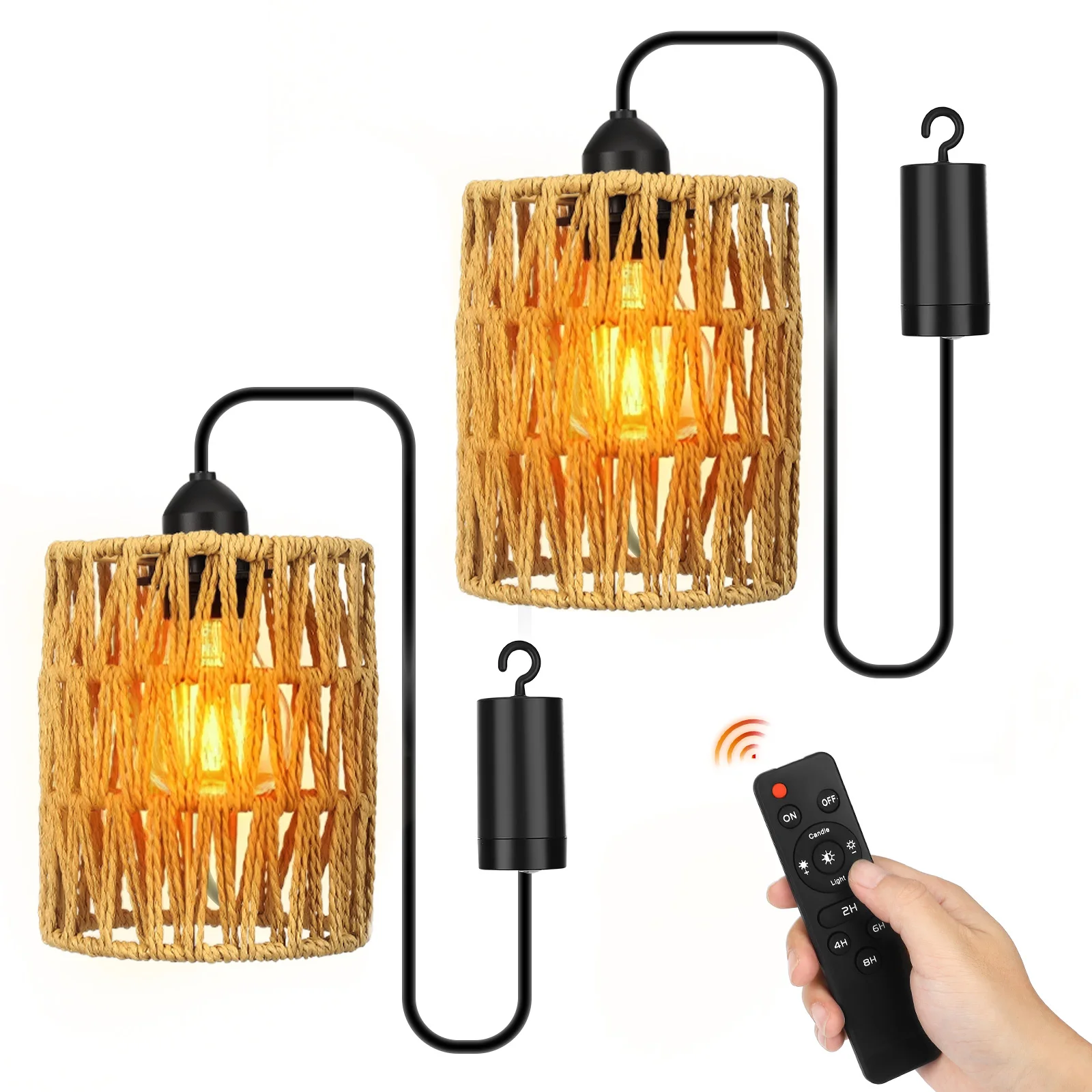 2 Stück Pendelleuchten mit Glühbirnen und Fernbedienung, Pendelleuchten ohne Stromanschluss, Rattan-Leuchten