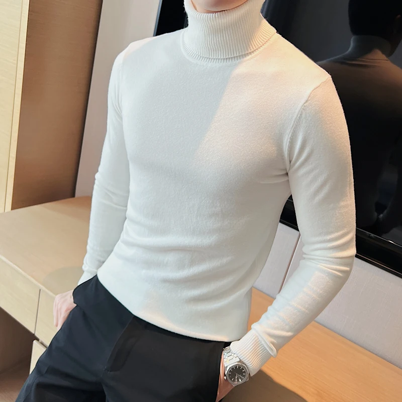 

White High Collar Men's Knitted Sweater Long Sve Slim Fit Casual Sle Base Layer irt for Autumn Winter Youth Faion