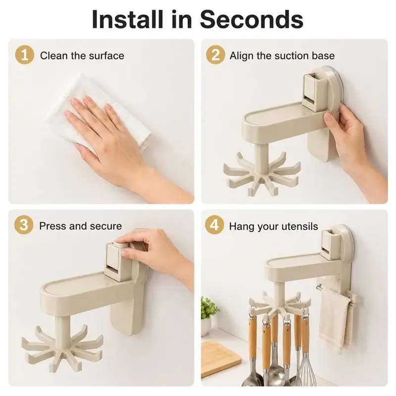 EYFL-Kitchen Utensil Holder, 8 Rotating Hooks And Top Storage , No-Drill Utensil Rack For Spatulas, Ladles, Peelers