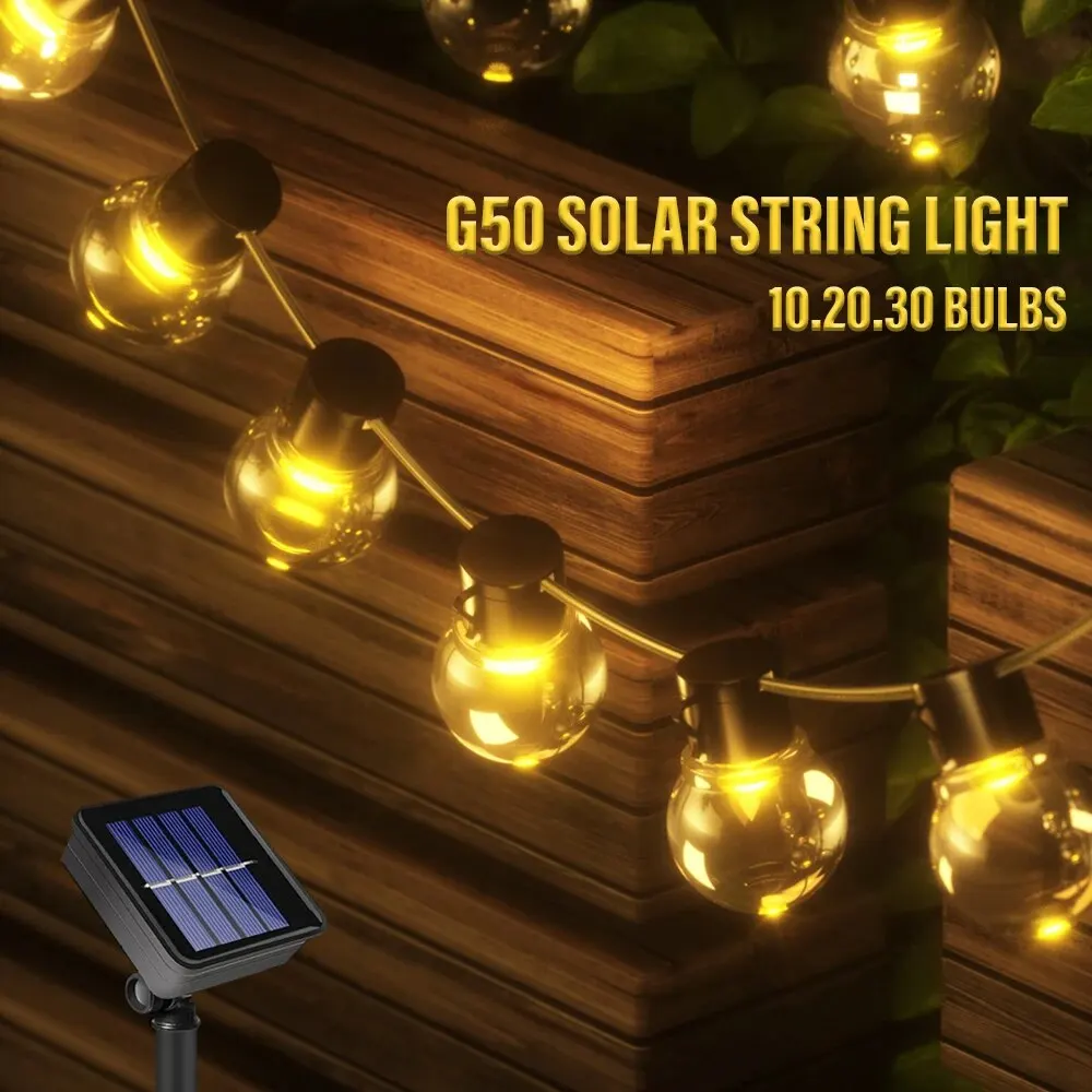 LED Solar String Lights G50 Bulb Waterproof Outdoor Vintage Garland Patio Decoration for Christmas, Garden, Patio, Party