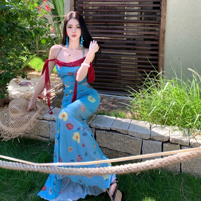 

retro Art Oil Print Mesh Bodycon Dress Elegance Off-shoulder Lace Trim Ribbon Mermaid Hem Women's Summer Pastoral Fairy Robe