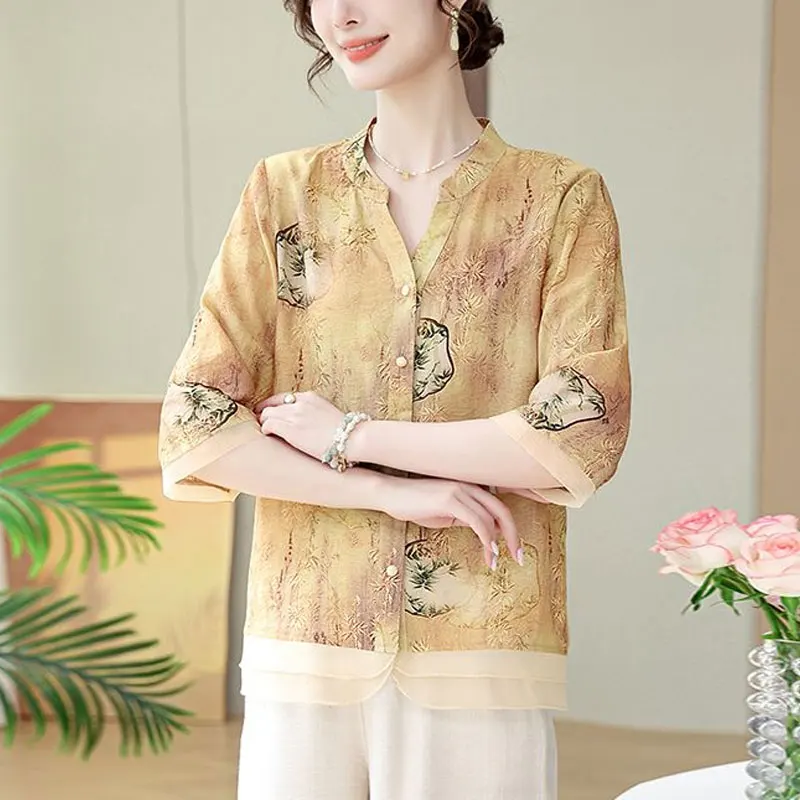 Stylish Patchwork V-Neck Blouse Female Clothing Single-breasted Summer Casual 3/4 Sleeve Basic Loose Vintage Folk Printed Shirt