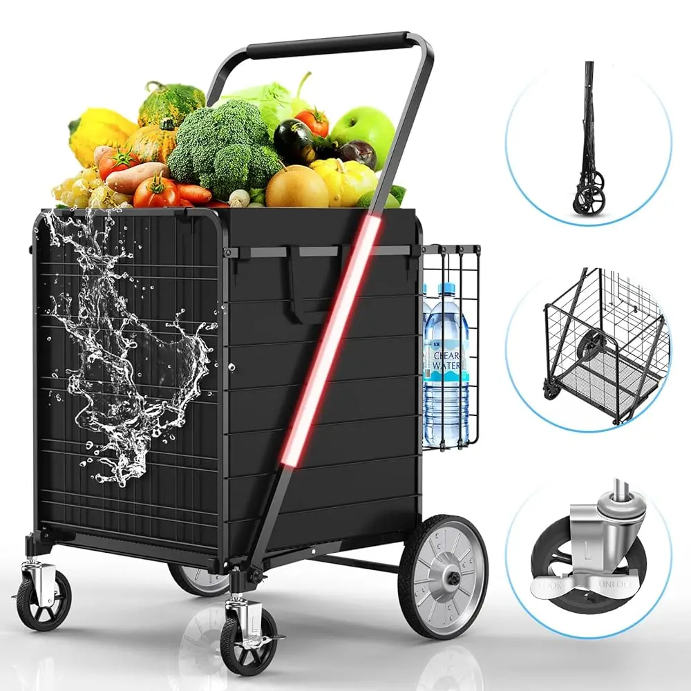 

Folding Shopping Cart With 360° Rolling Swivel Wheels & Brakes - Jumbo Foldable Grocery Cart With Double Basket & Waterproof