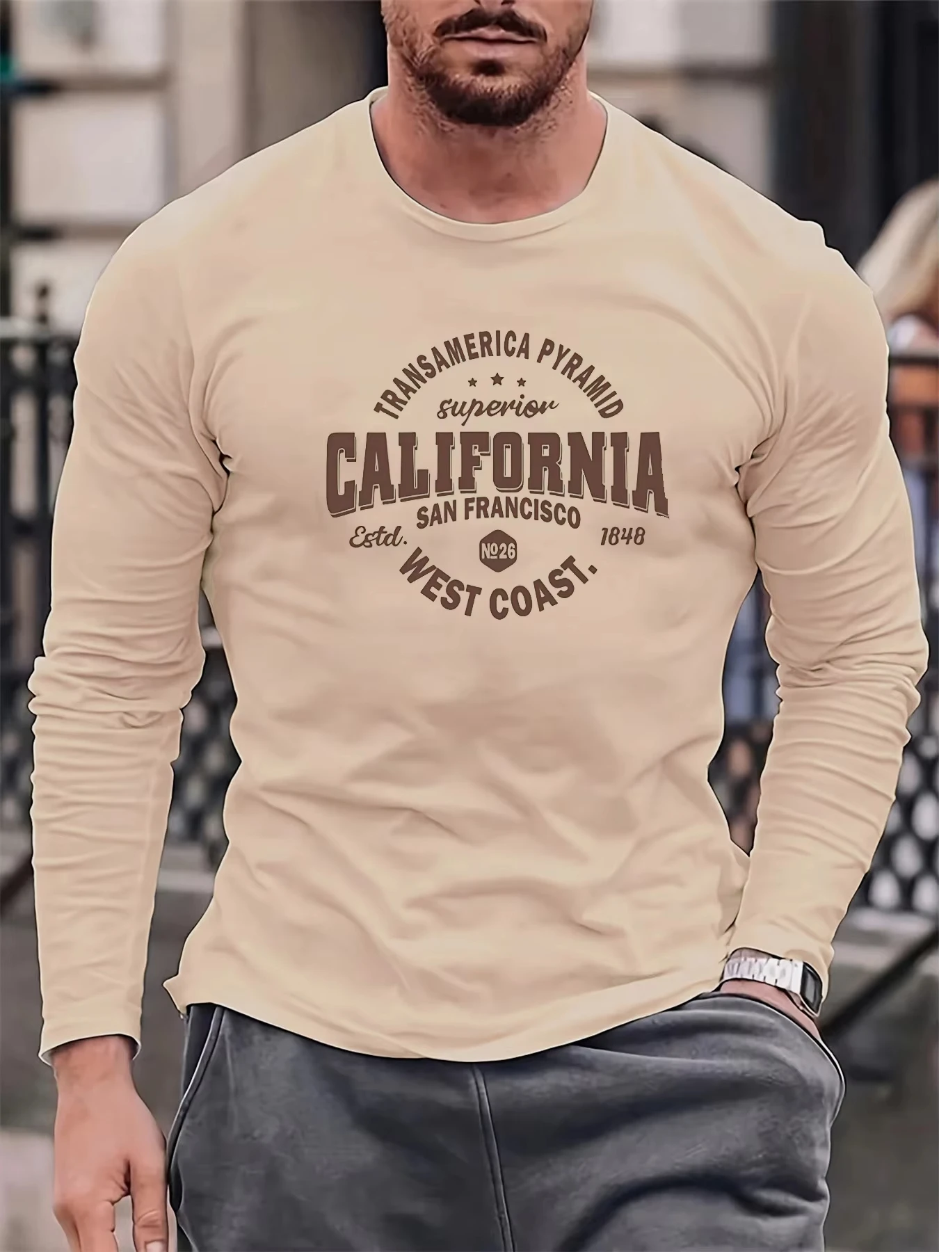 

Осенняя новая мужская футболка с длинными рукавами и принтом Калифорнии на Западном побережье, модные футболки с круглым вырезом, повседневная мужская одежда, свободные топы большого размера