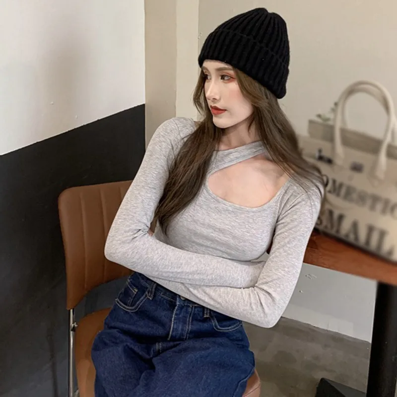 Y2K T-shirt Woman Autumn Sexy Skinny Tee Shirt Female Long Sleeve Halter Clothes Hollow Out Bottoming Shirt Slim Thin Tops