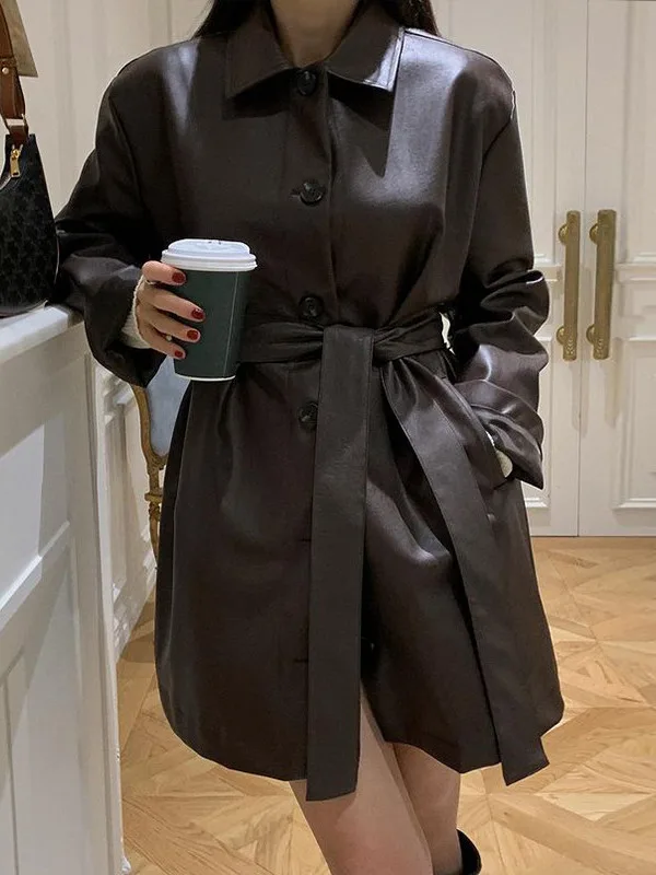 Black Leather Jacket Women's Autumn Medium Length New Style Waist-Cinching Slimming Design Versatile Windbreaker Korean Style