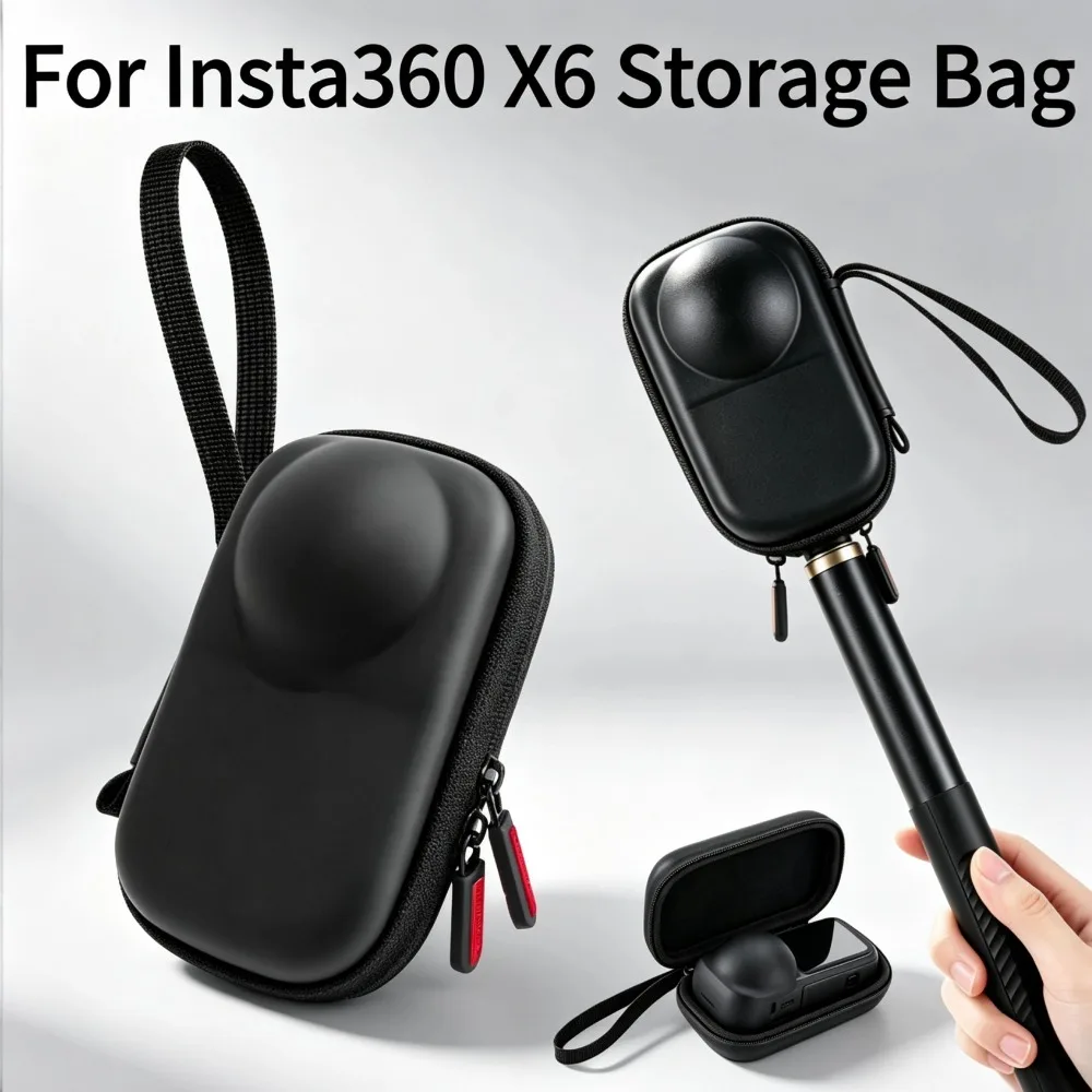 PU Hard Shell Carrying Case For Insta360 X6 Action Camera Storage Bag with Dual Zipper Wrist Strap Compatible with Selfie Stick