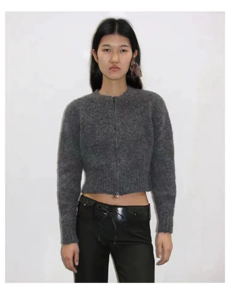 ay Wollmischung gestrickter Reißverschlusspullover mit gestickten Buchstaben Casual Commute Sle Long Sve ort Länge rund Ne