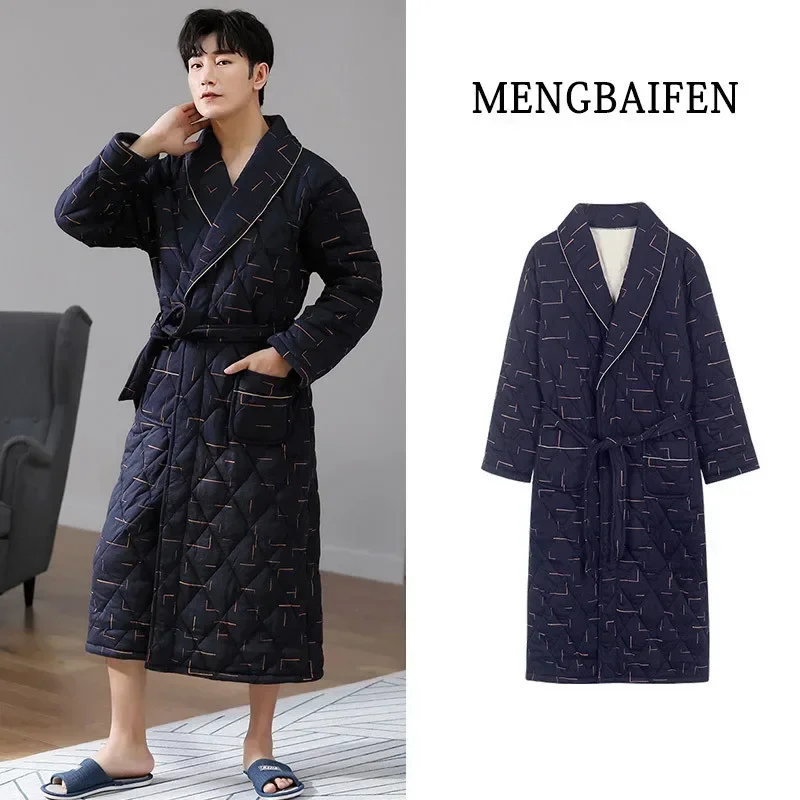 Plaid Sleepwear Men's Winter Pajamas Thick Bathrobe Warm Home Gown Plus Size Shower Robe Quilted Cotton Nightgown Man Housecoats