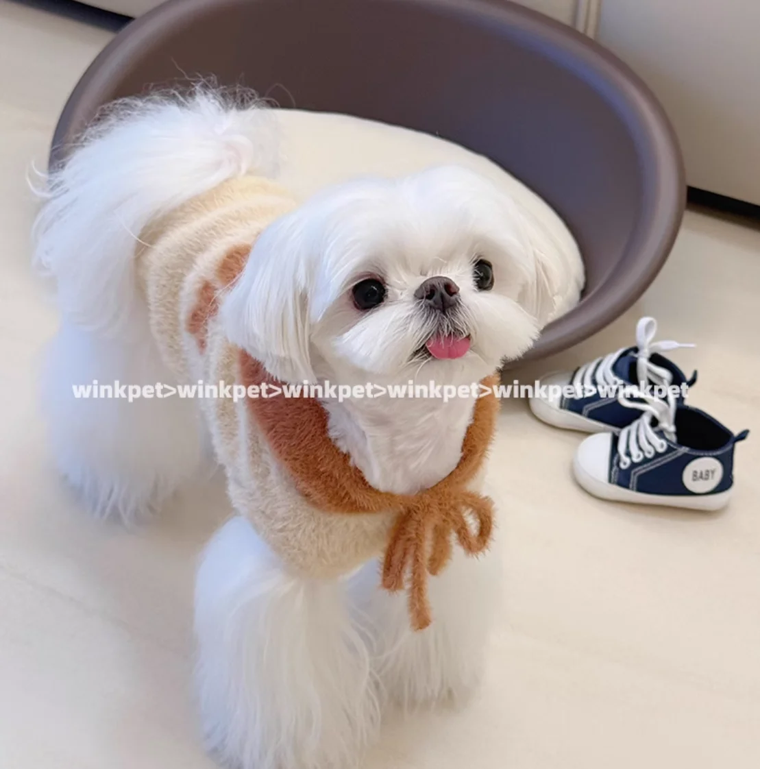 

Cute Latte-Style Design Brown Khaki-Striped Pet Sweater Warm Winter Knitted Caped Sweater For Small Dogs