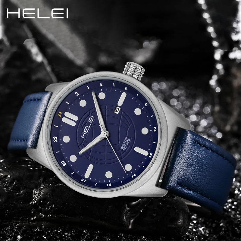HELEI2024 reloj de cuarzo para hombre, cronógrafo de lujo, de cuero, diseño informal, resistente al agua