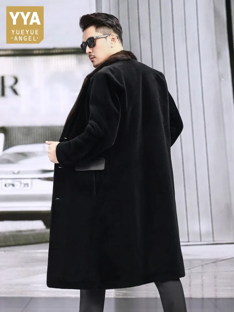 

Winter Men Luxury Natural Mink Fur Collar Wool Cashmere Coat Warm Duck Down Lining Coats Knee Length Pure Wool Banquet Overcoat