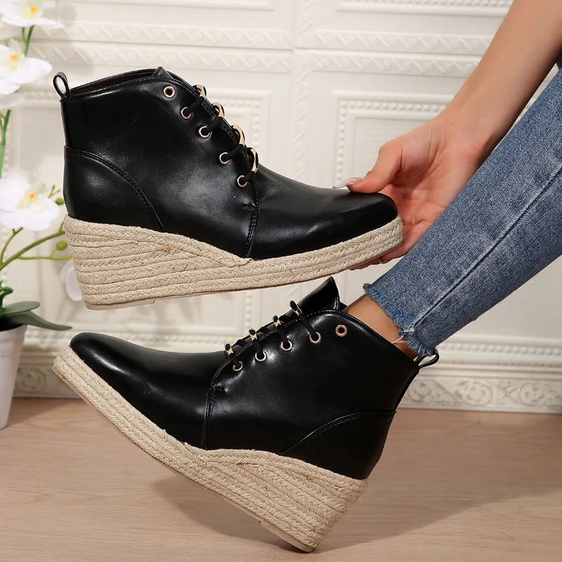 Women Thick Soles Pointed Wedge Boots Female Autumn Fashion Punk Goth Platform Heels Wedge Women Boots Casual Goth Punk Size 42