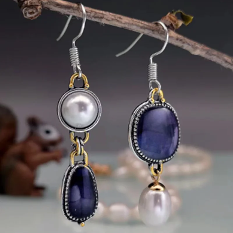 KSRA 2024 New Geometry Fashion Creative Retro Blue Color Agate  Freshwater Pearl Hang Pendant Party Birthday Earrings