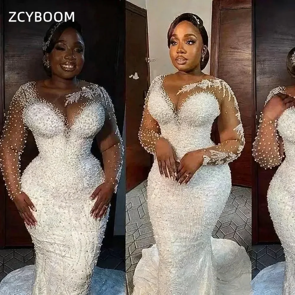 Customized Luxury Pearls Sweetheart Wedding Dresses Mermaid Detachable Train Bridal Gown Plus Size Long Sleeves Vestido De Noiva