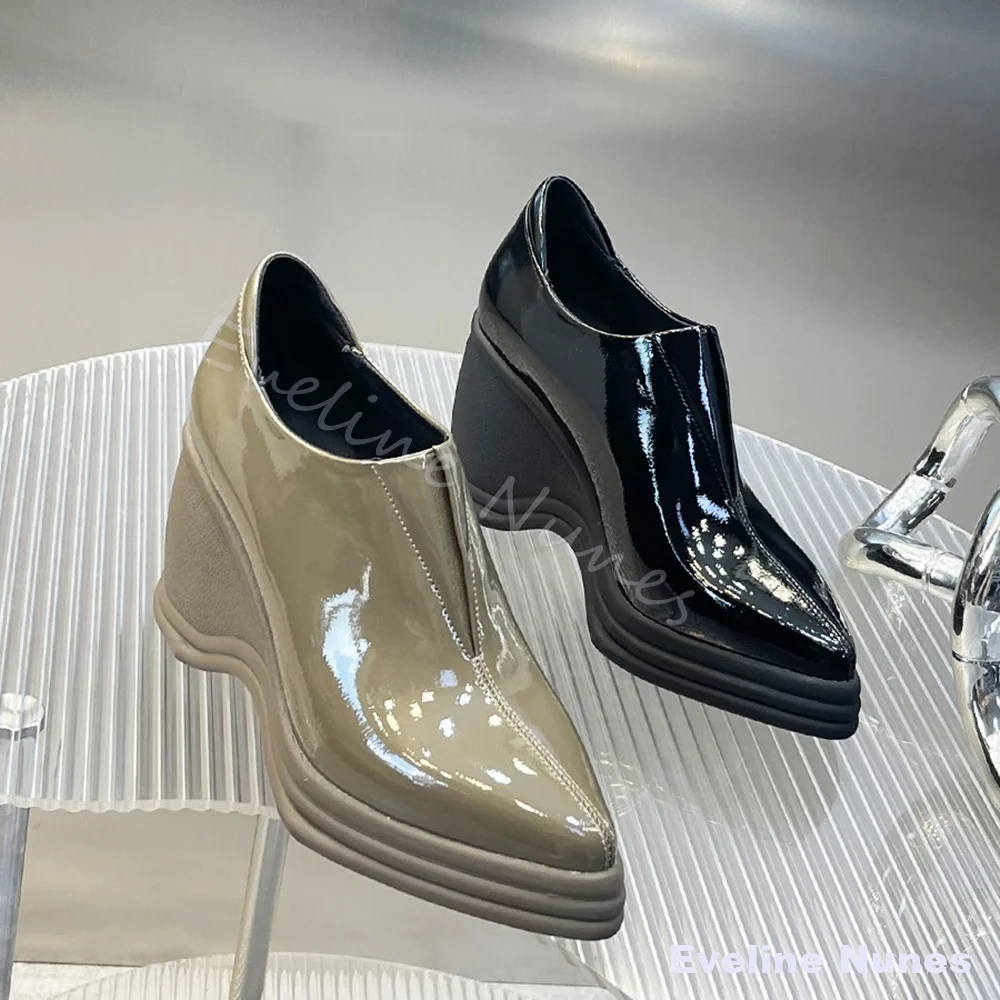 Patent Leather V Cut Pointed Toe Wedge Pumps Women Multi Layer Wave Platform Slip On High Heels Y2K Street Fashion Dress Shoes