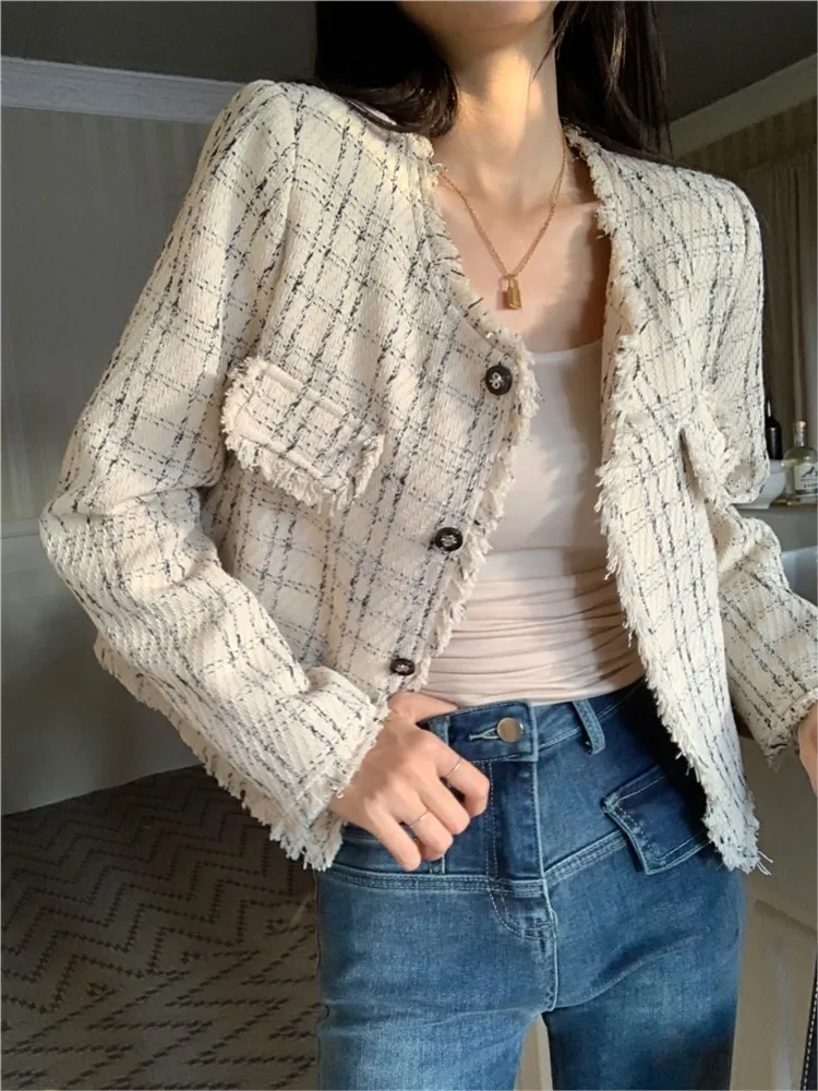 

Autumn Plaid Jacket Women Elegant Pocket Single Breasted Long Sleeve O Neck Coat 2024 Chic Loose Tweed Top Office Lady Outwear